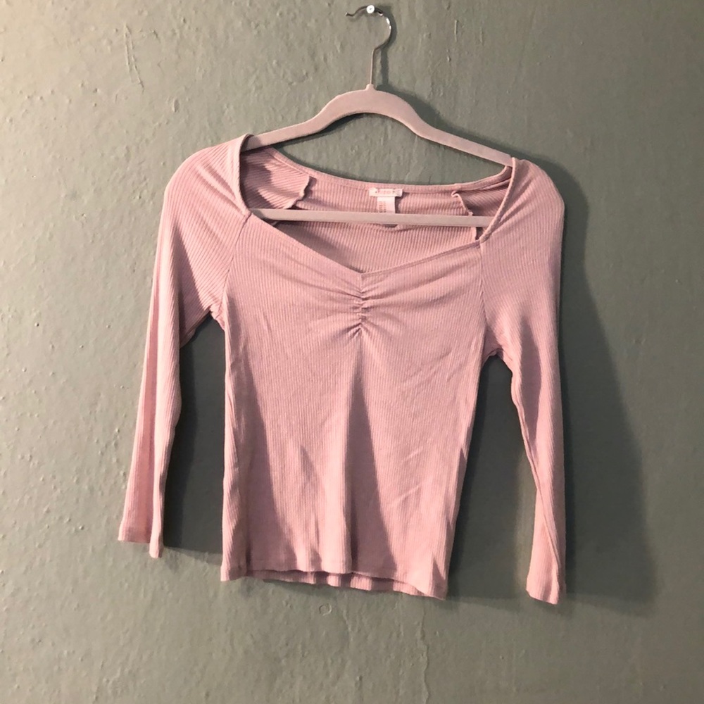 Pink Elbow Length Ribbed Shirt